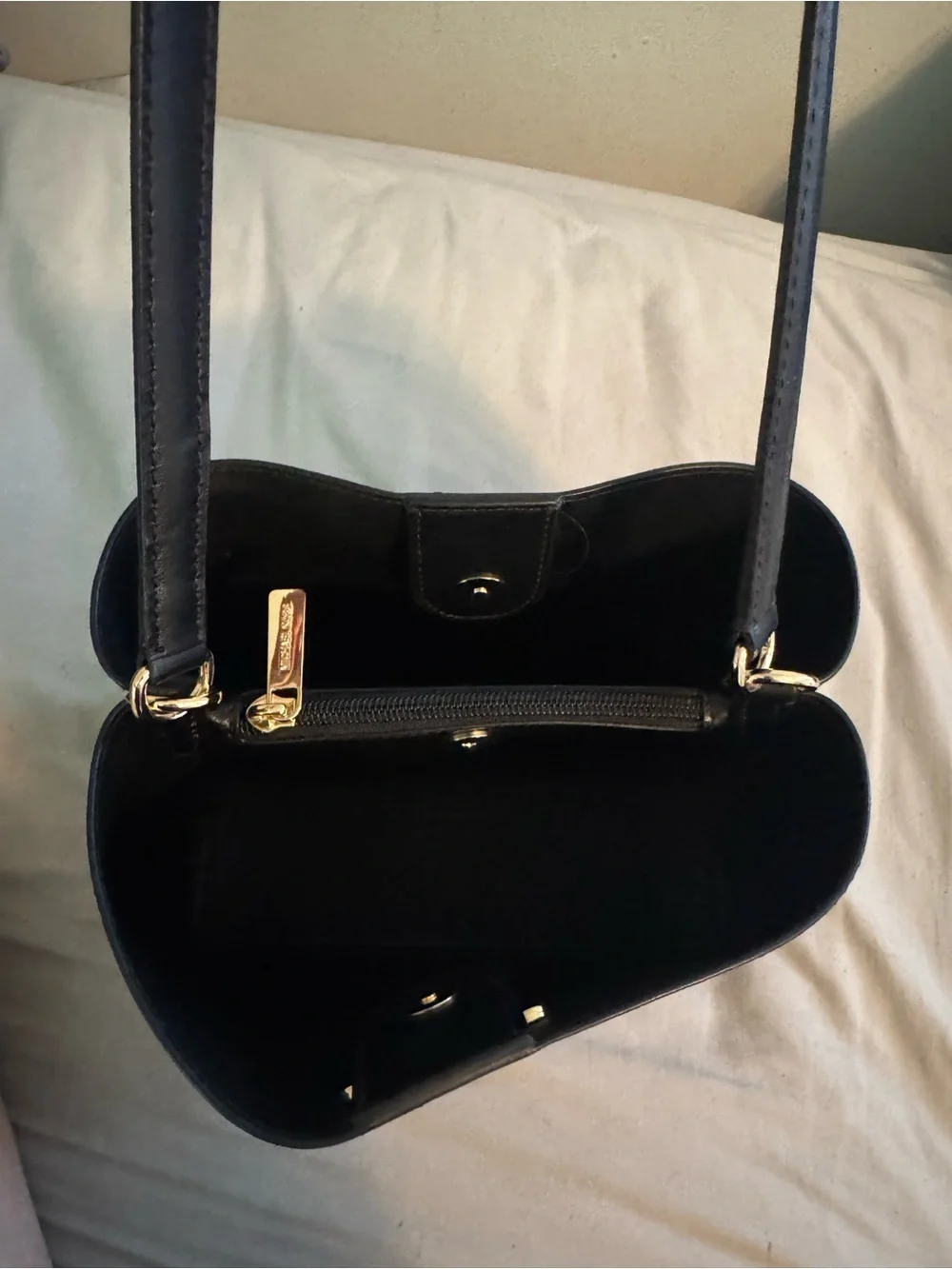 Michael Kors Black Leather Bucket Shoulder Bag with Gold Logo